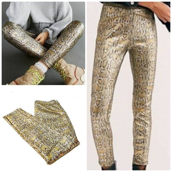 Free People, Gold Python Pull On Skinny Pants, Vegan Leather, Metallic Gold, NWT - Picture 5 of 14